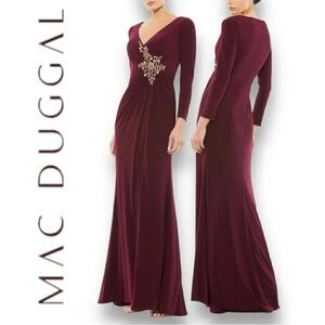 MAC DUGGAL Women’s Faux Wrap Long Sleeve With Appliqué Details in the Size 10